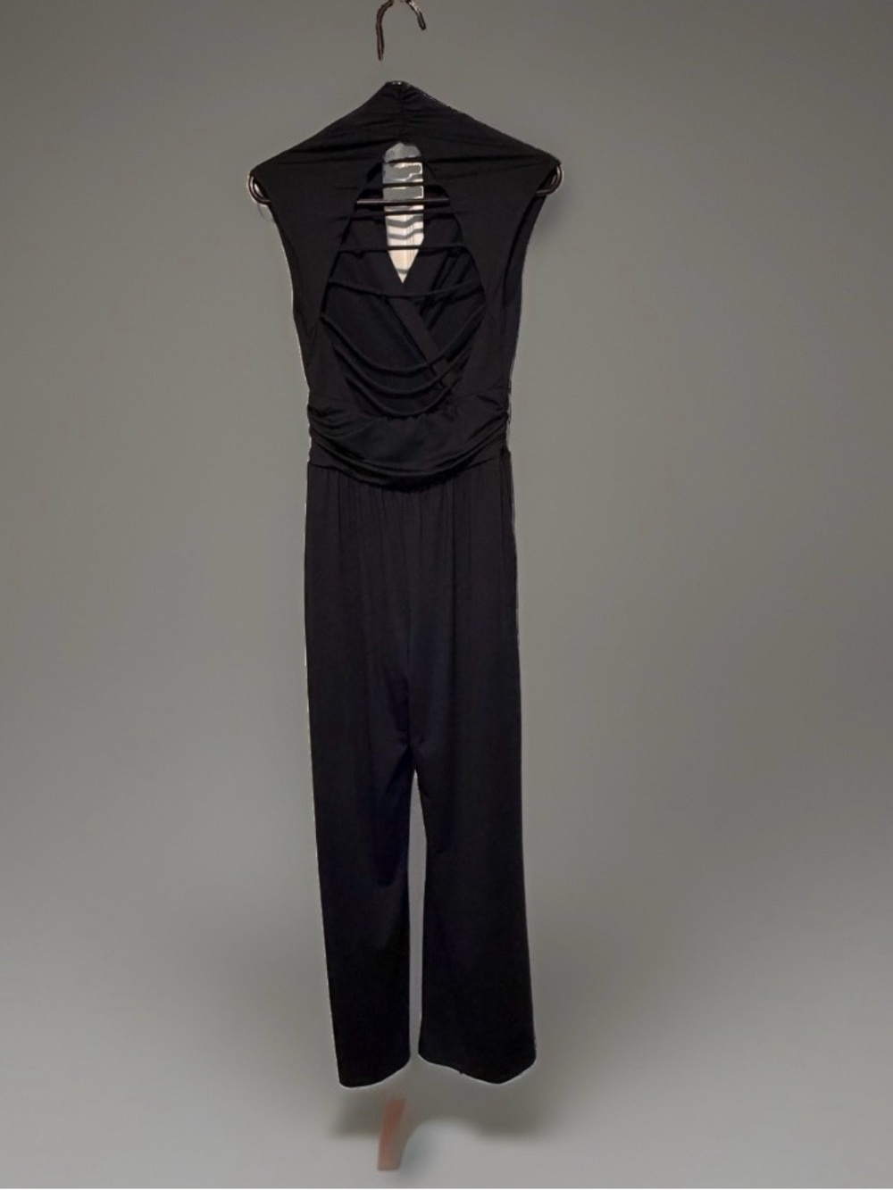 Elan by Hyve Black Wide Leg Jumpsuit Open Ladder Back Surplice Ruched Waist S